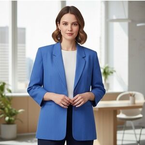 Vintage Adolfo Studio Blazer Women's 26WP‎ Linen Blend Blue Long Sleeve 2 Button